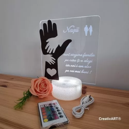 Decoratiune LED CreativArt cu mesaj gravat pentru nași