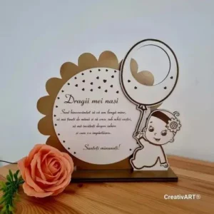 Trofeu decorativ lemn nasi botez fetita